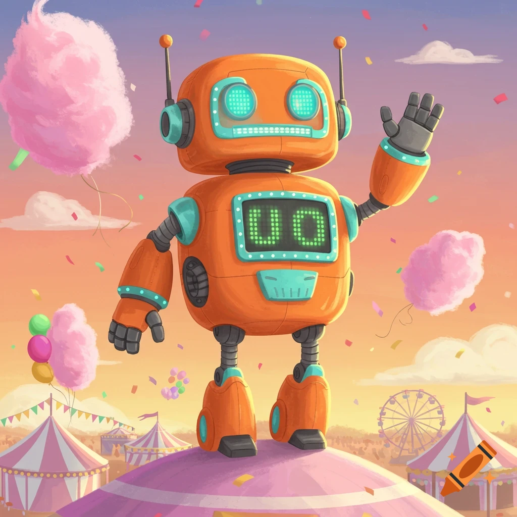 A cheerful orange cartoon robot stands on a pink carnival tent, waving. Cotton candy, balloons, and confetti float around, with more tents and a Ferris wheel in the background under a sunset sky.