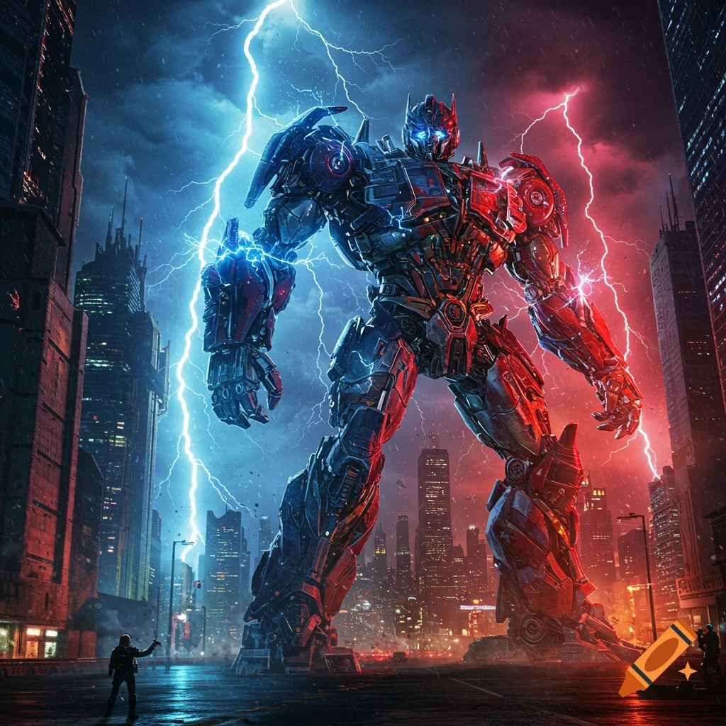 A gigantic red and blue robot resembling Optimus Prime stands in a dark, stormy city street, with red and blue lightning striking around it.