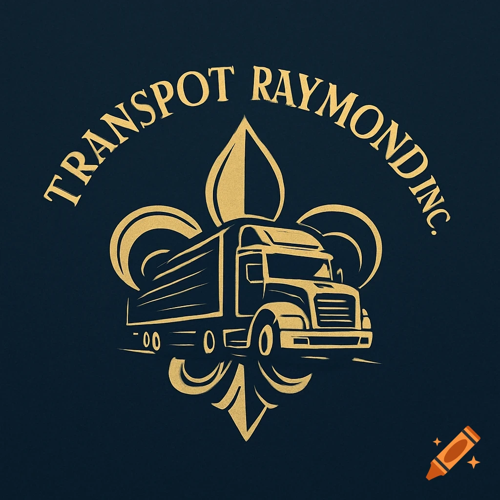 Gold and black logo featuring a semi-truck within a fleur de lys, with 'TRANSPORT RAYMOND INC.' arched above.