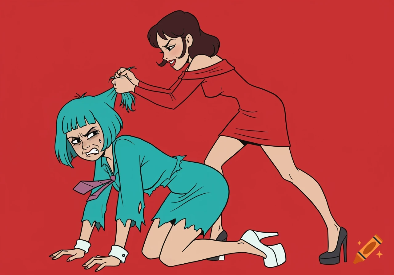 A woman in a red dress pulls the hair of another woman in a tattered blue dress, in a Looney Tunes classic cartoon style.