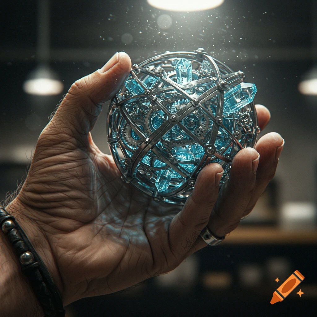 A hand holds an intricate, spherical steampunk-like device with gears and glowing blue crystals, illuminated by a beam of light.