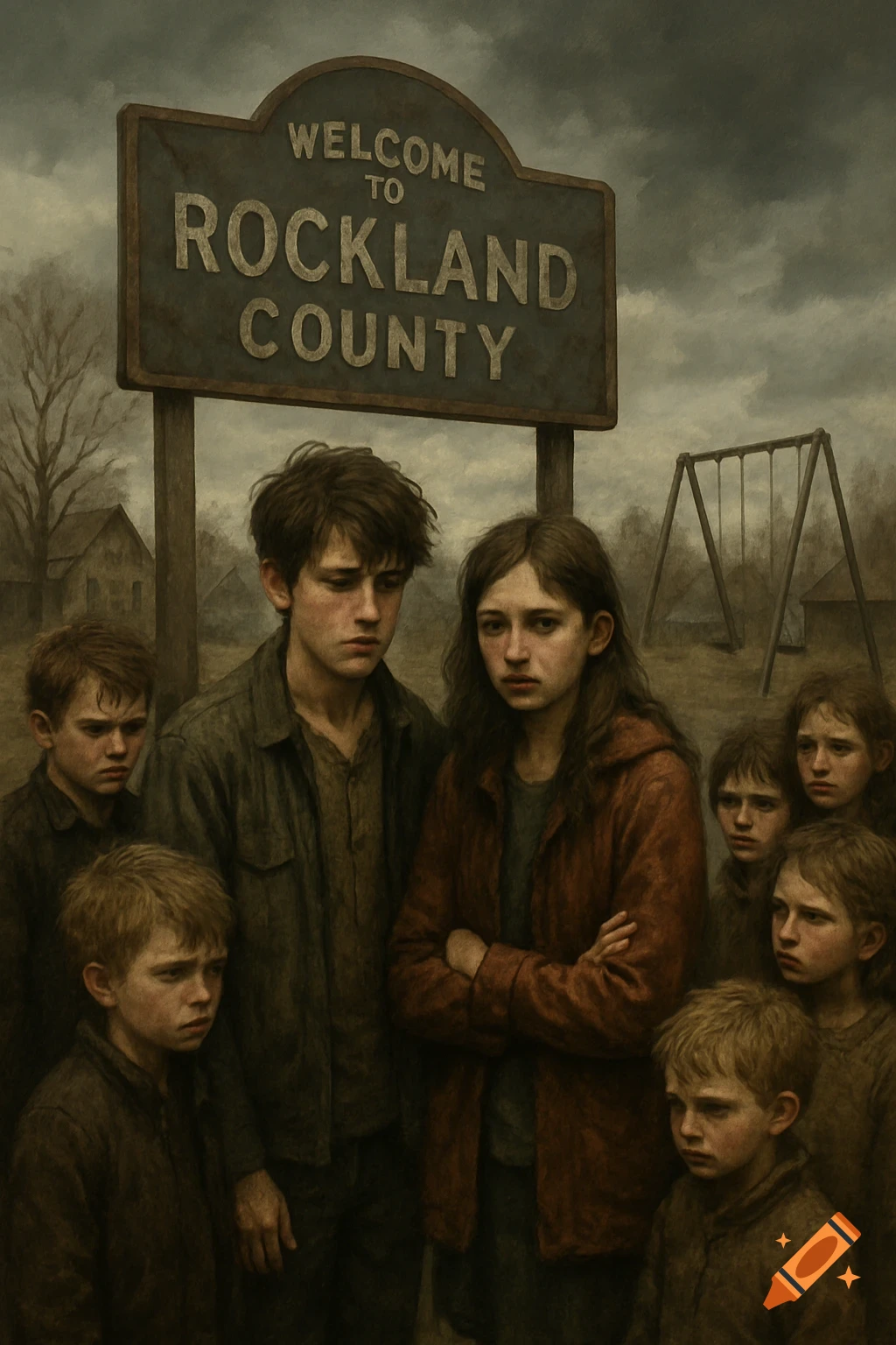 Digital art of somber children and teenagers under a 'Welcome to Rockland County' sign in a desolate rural setting.