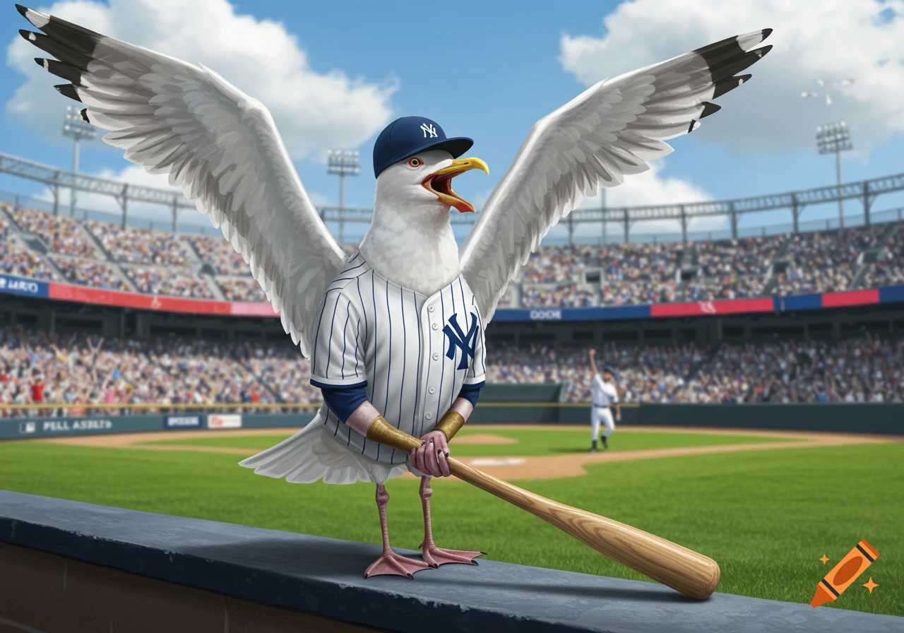 Photorealistic image of a seagull in a New York Yankees baseball uniform, holding a bat on a baseball field.
