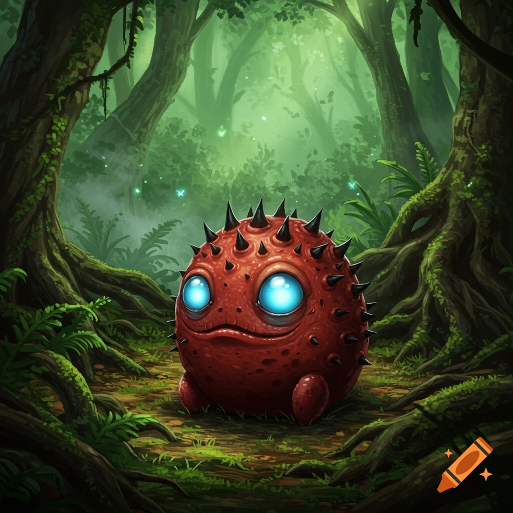 A small, round, red creature with black spikes and glowing blue eyes sits in a mystical, misty green forest.