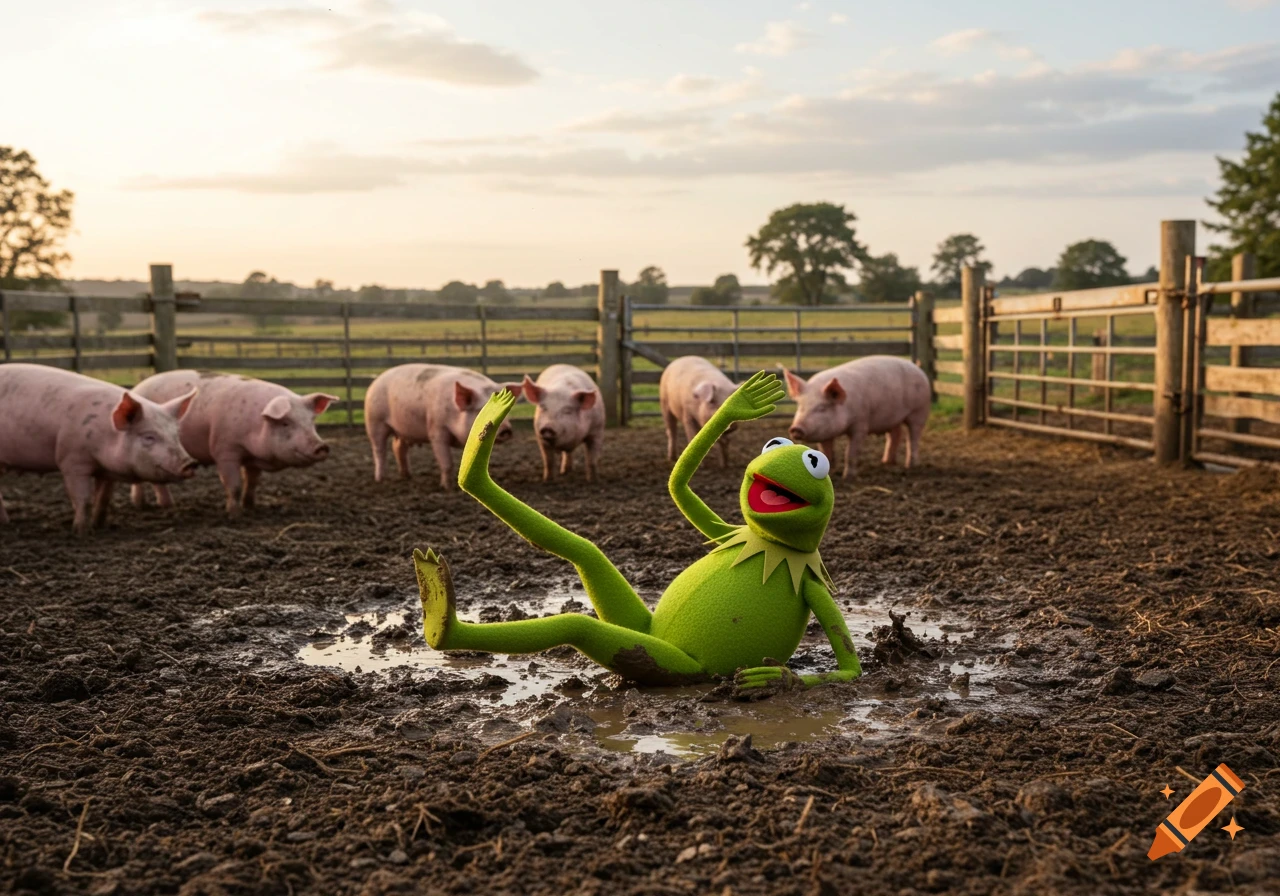 Kermit the Frog lies happily in a muddy pig pen with pigs in the background at sunset.