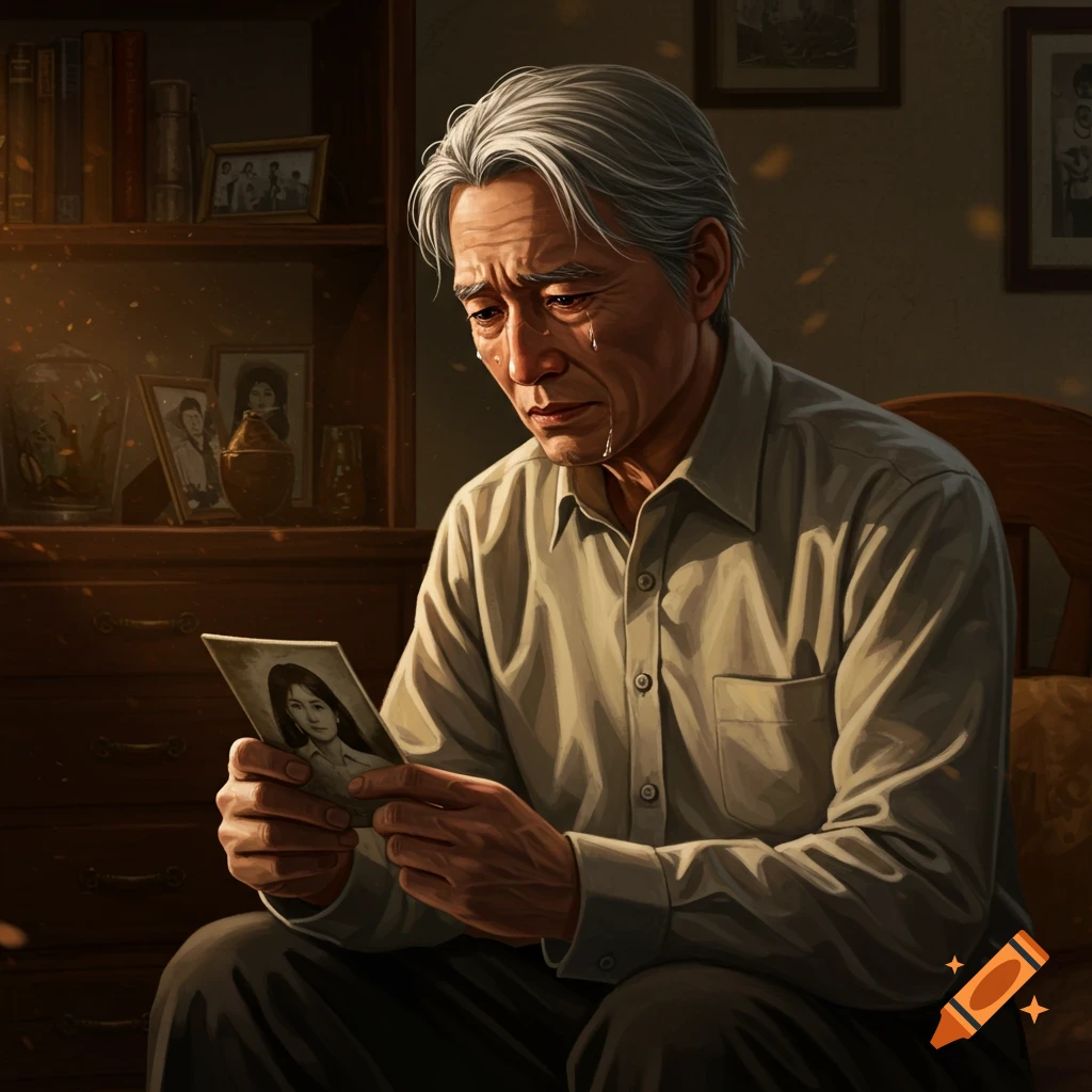 An older Asian man with gray hair cries while looking at a photo in a dimly lit room, with a bookshelf in the background.