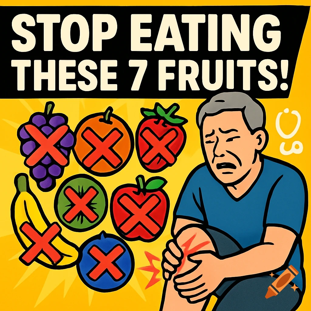 Cartoon illustration of seven fruits with red X marks, and a man clutching his painful knee. Text: STOP EATING THESE 7 FRUITS!