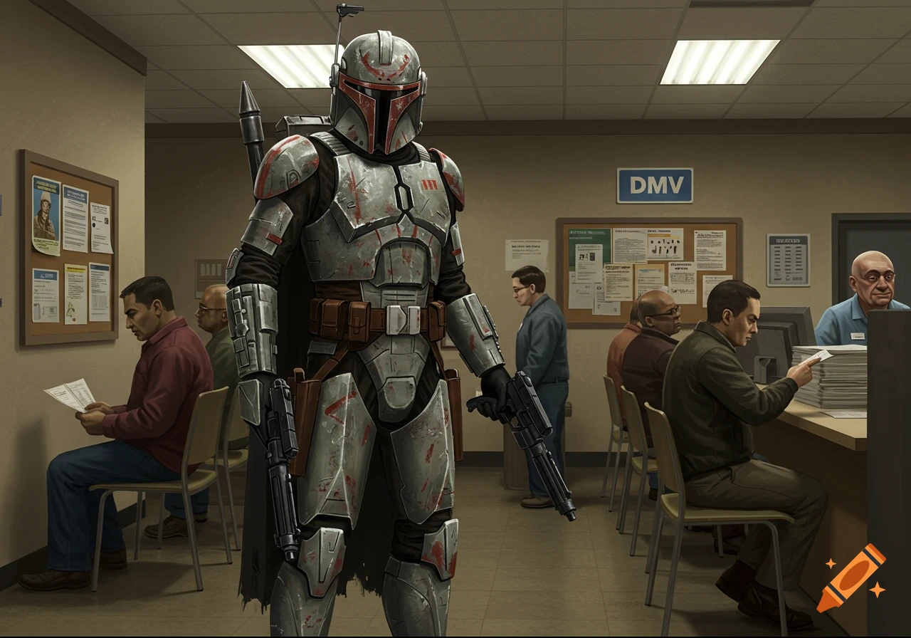 Durge from Star Wars, a heavily armored alien, stands in the middle of a mundane DMV office, holding two blasters, while people wait in line.