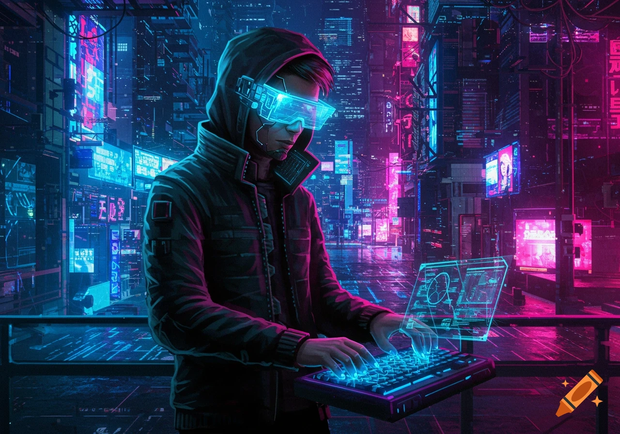 A hacker in a hoodie and glowing VR glasses types on a neon keyboard in a cyberpunk city at night.