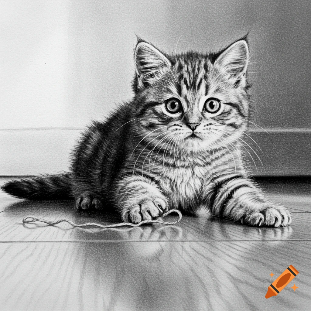 A black and white realistic sketch of a cute kitten playing with a string on a wooden floor.