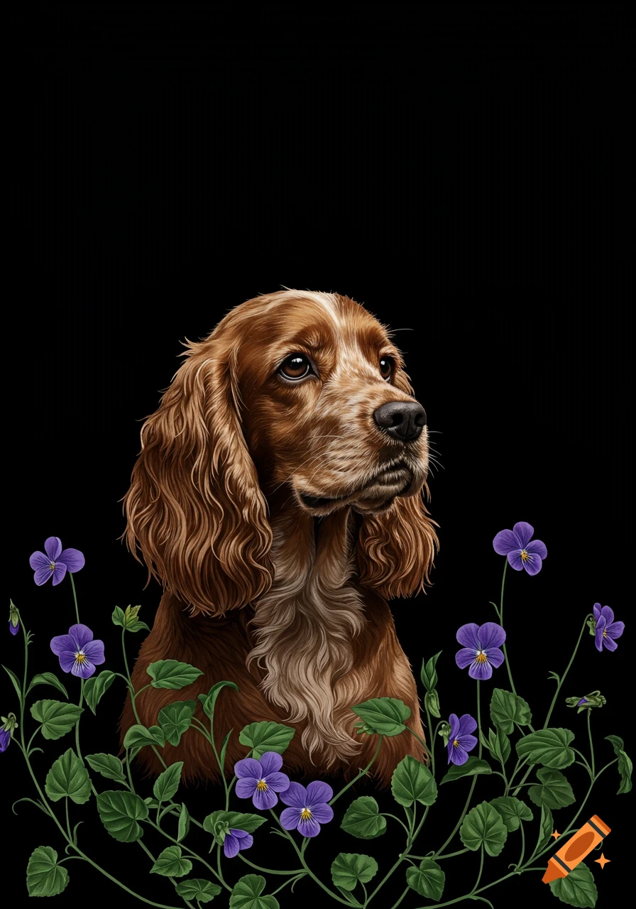 A detailed illustration of a brown and white cocker spaniel looking up, with purple violets and green vines at the bottom, all against a black background.