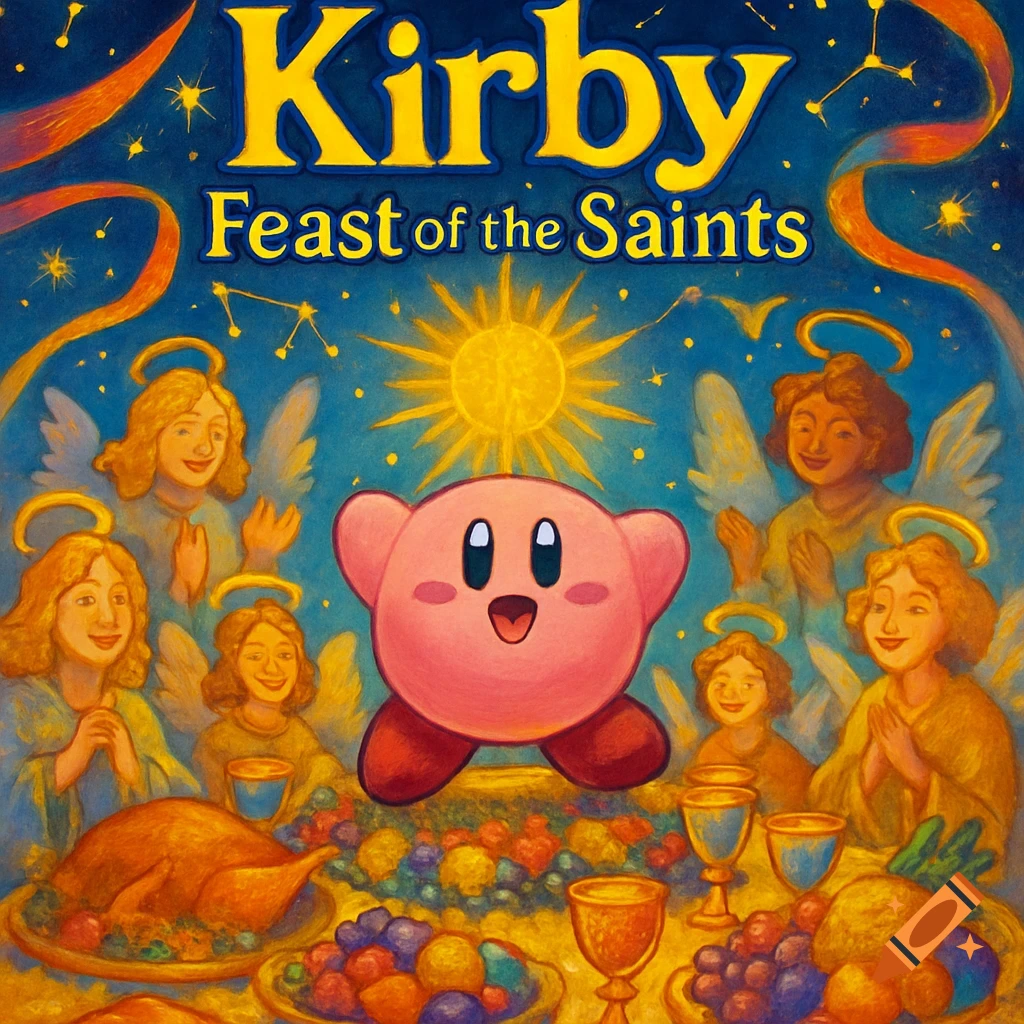 Painted box art of Kirby at a feast with angels under a starry sky, title 'Kirby: Feast of the Saints'.