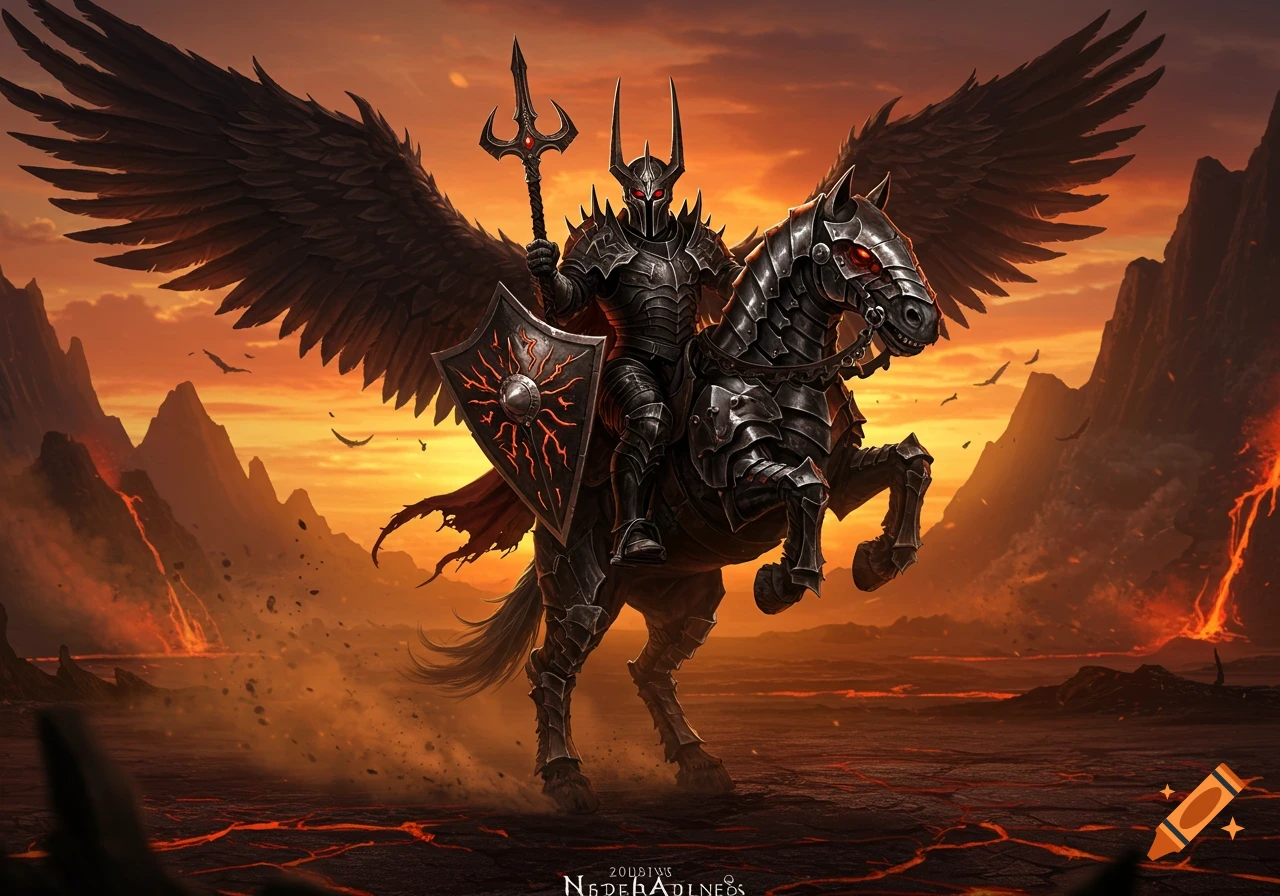 A dark knight in spikey armor with a spear and shield rides a winged, armored horse rearing up in a volcanic landscape at sunset. Fantasy art.