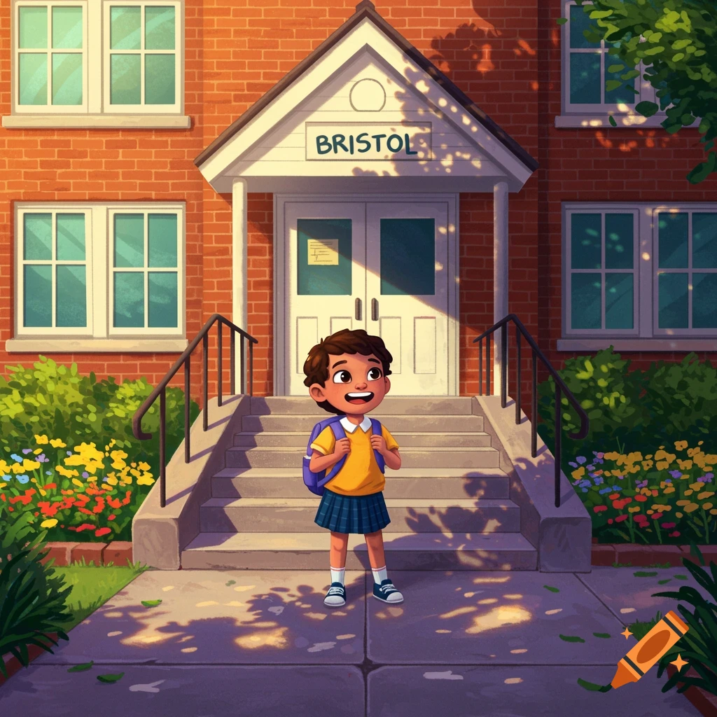 A cartoon child with a backpack stands smiling in front of a brick school building named Bristol on a sunny day.