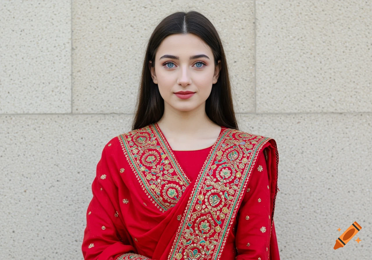 A young woman with blue eyes and dark hair wears a red traditional Pakistani outfit with gold embroidery against a beige wall.