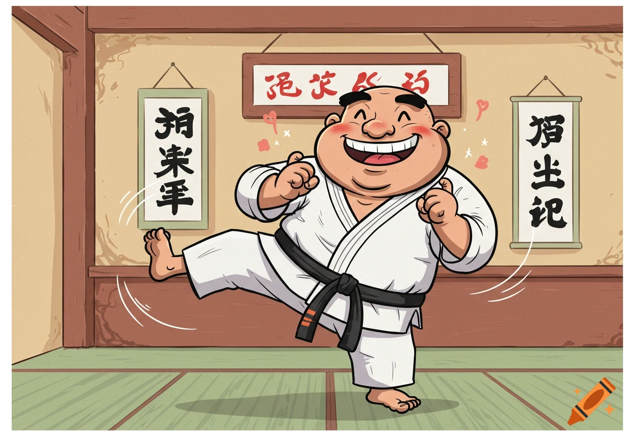 A smiling, goofy cartoon man in a white karate gi and black belt performs a kick in a dojo.