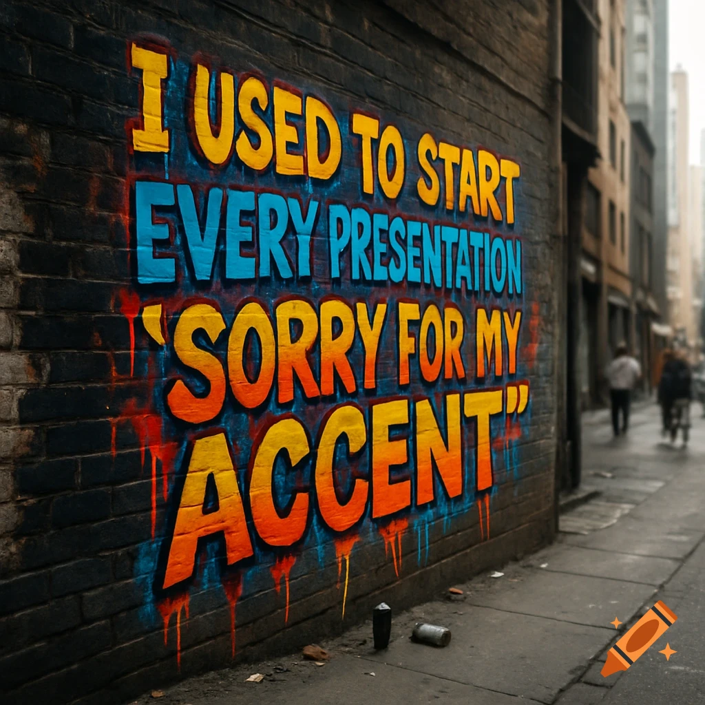 Vibrant graffiti on a dark brick wall in an urban alley reads 'I USED TO START EVERY PRESENTATION SORRY FOR MY ACCENT'.
