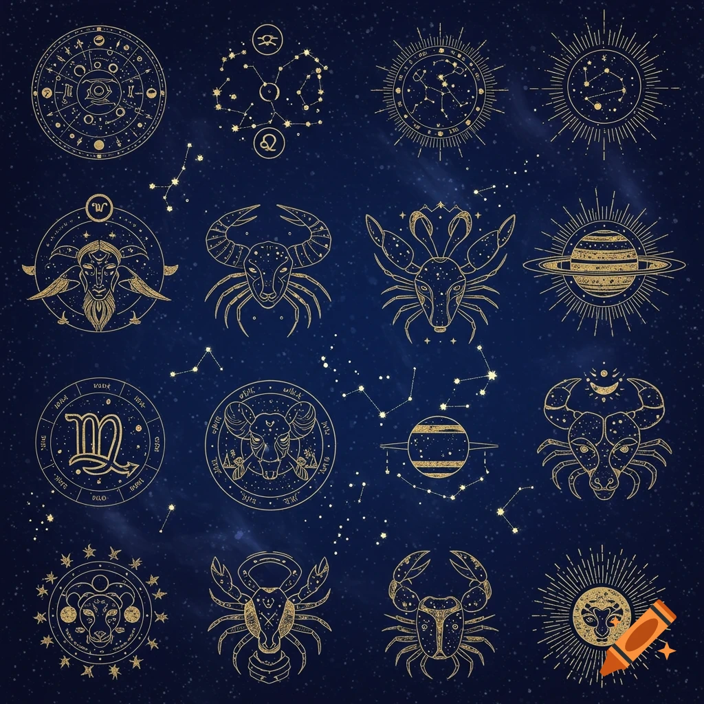 A dark blue background with gold line art illustrations of various zodiac signs, constellations, and celestial bodies like Saturn and the Sun, scattered across the frame.