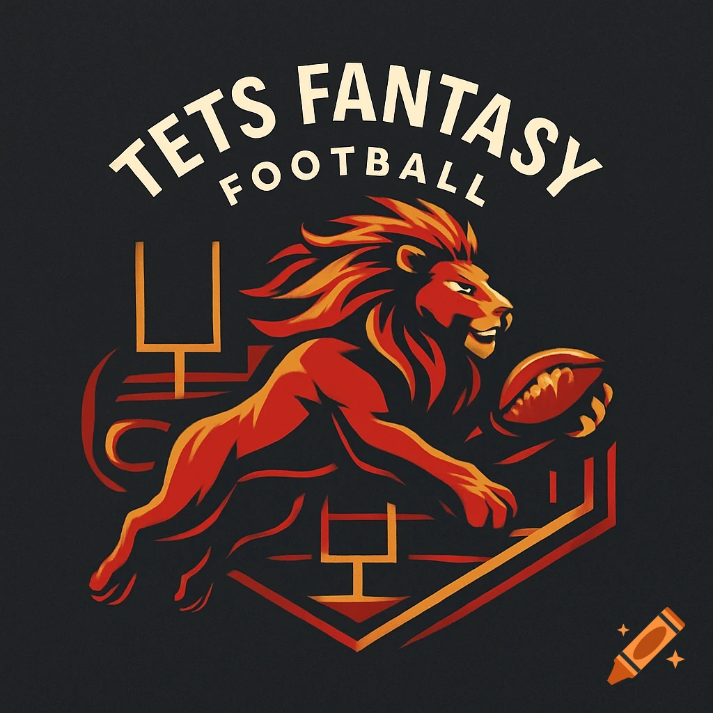 Stylized logo of a red and orange lion pouncing with a football, above text 'TETS FANTASY FOOTBALL' and football goalposts, on a dark background.