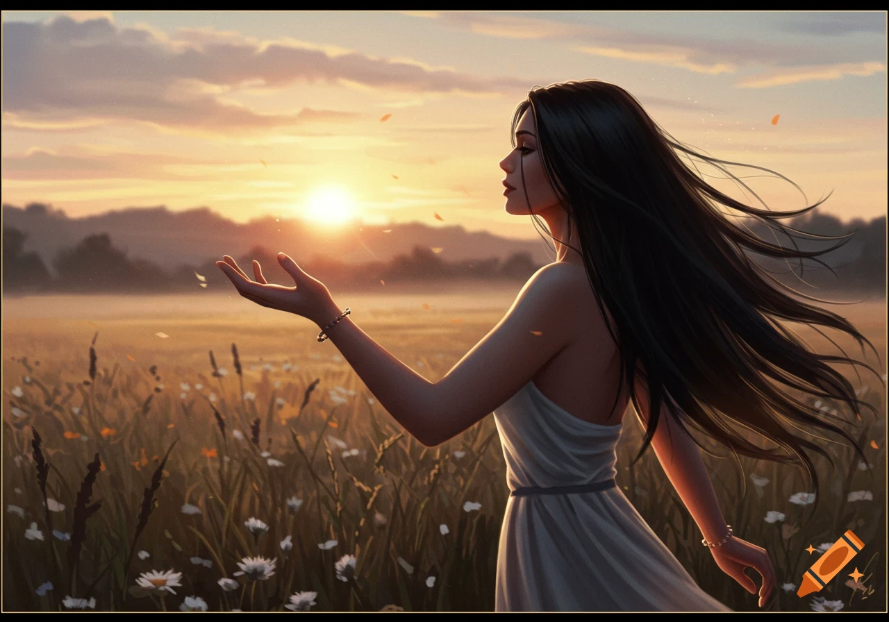 A woman with long dark hair stands in a golden field at sunset, holding her hand out palm up, in a fantasy art style.