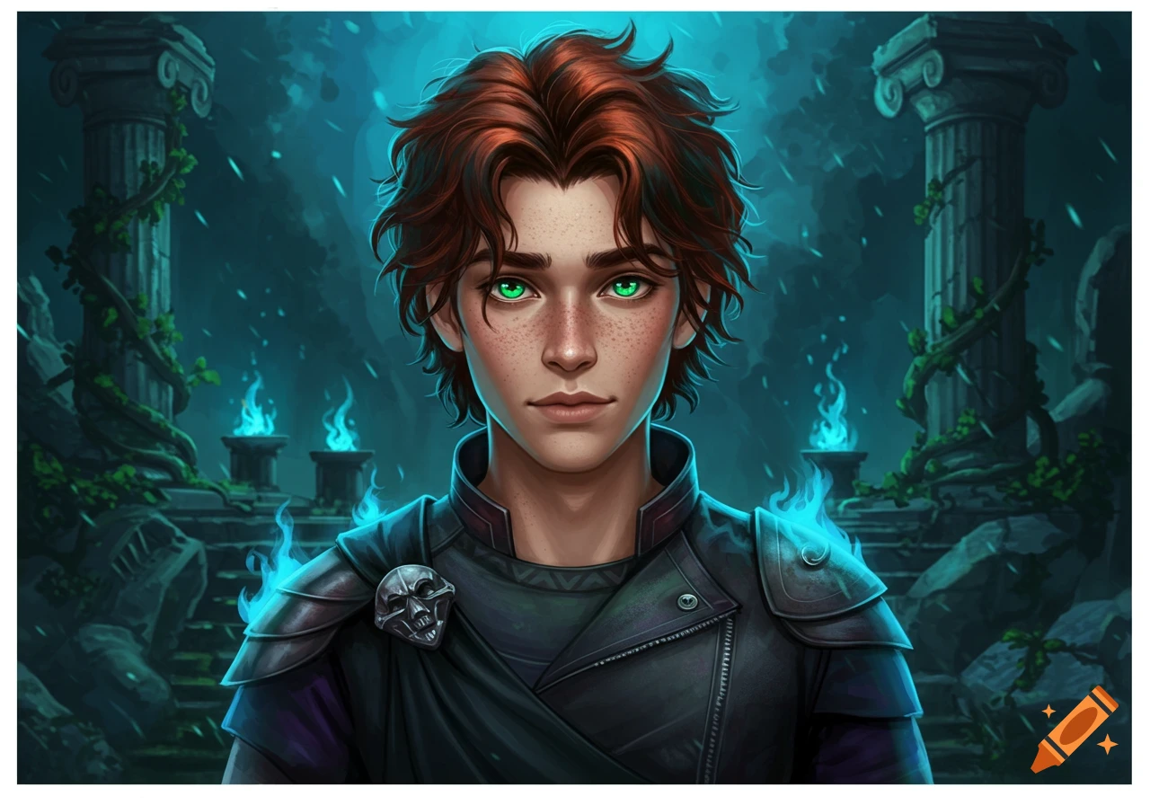 A fantasy illustration of a young man with auburn hair, green glowing eyes, and freckles, wearing dark armor, standing in dark ruins with blue flames.