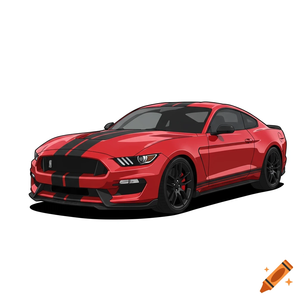 A cartoon-style red Ford Mustang Shelby GT350 with black racing stripes, viewed from the front three-quarters.