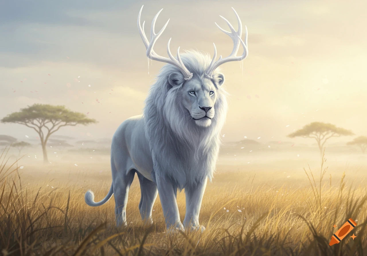 A majestic white lion with large white deer antlers stands in a golden grassy savanna under a hazy sky.