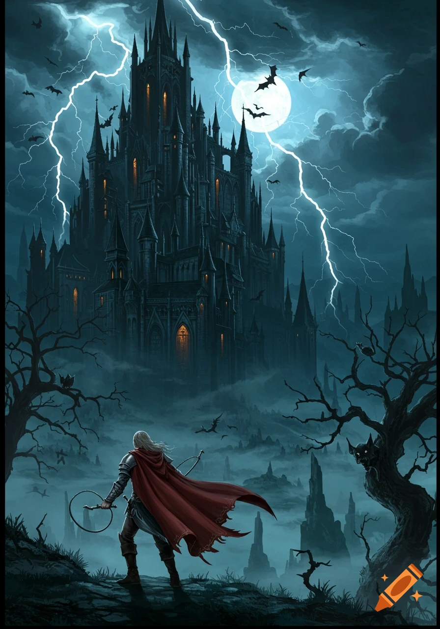 Dark fantasy art of a warrior with a whip facing a gothic castle under a stormy, lightning-filled sky with bats.