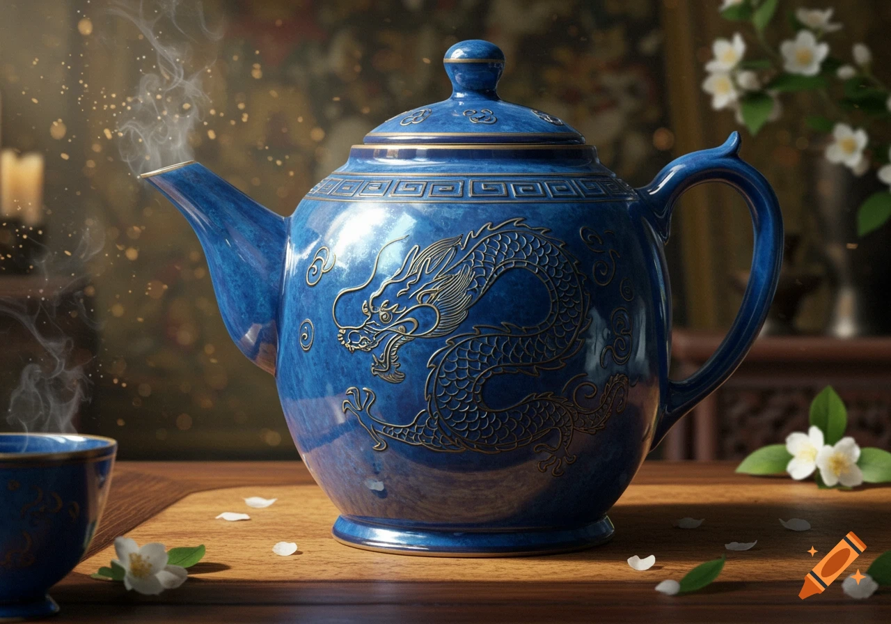 A vibrant blue ceramic teapot with an ornate gold dragon design, steam rising from its spout, sits on a wooden table scattered with white flower petals.