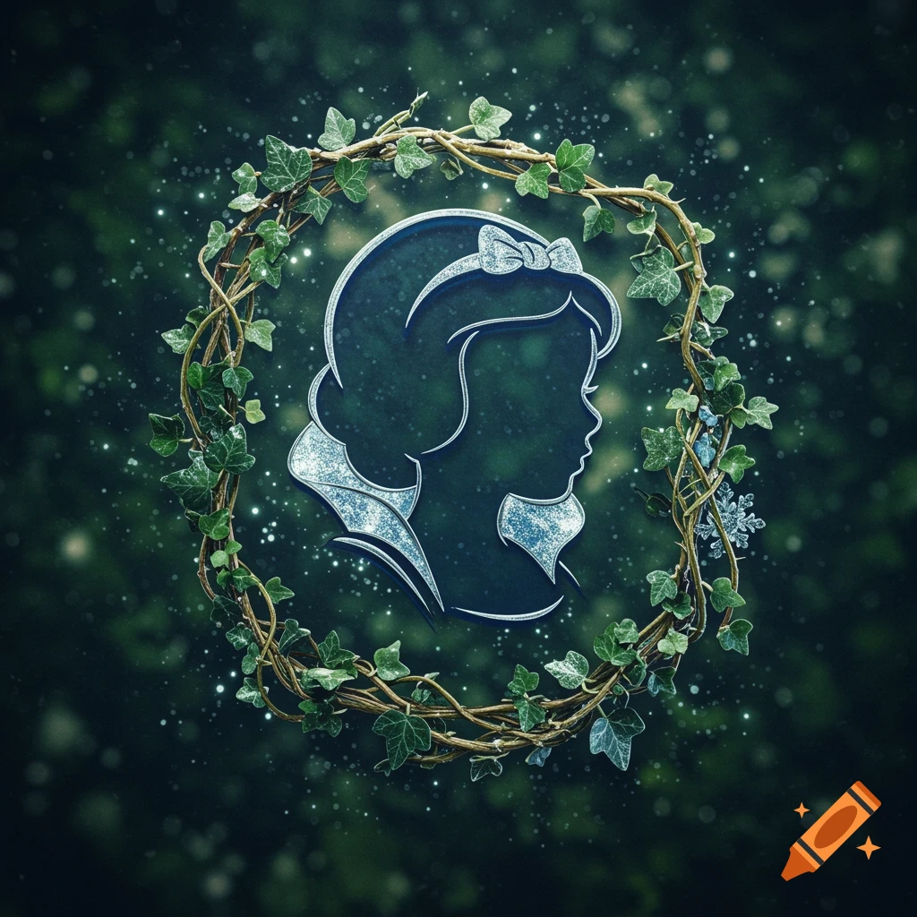 A glittery silhouette of Snow White in profile, set within an ivy wreath, against a dark green background with sparkles.