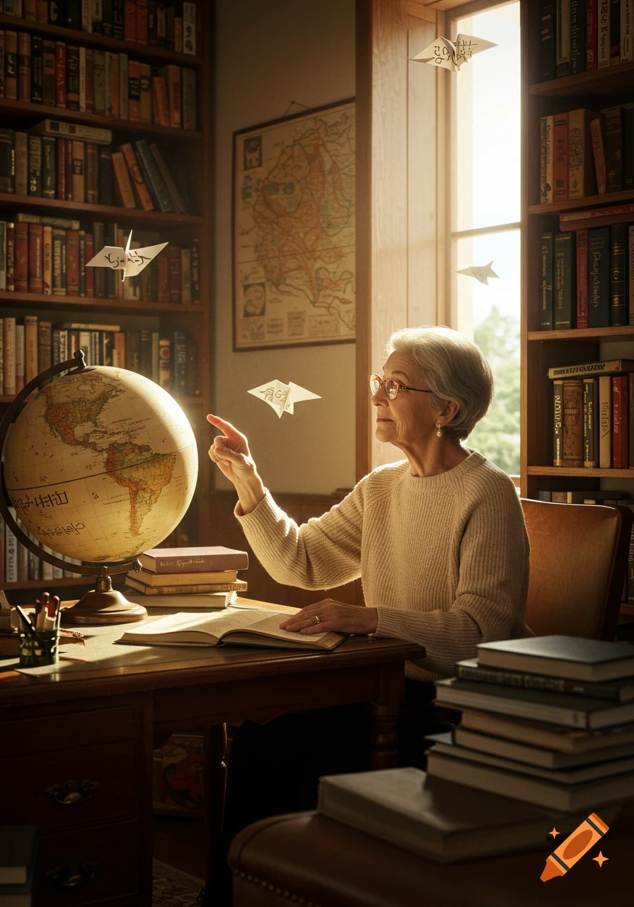 An older woman in glasses sits at a desk in a sunlit library, pointing at a large globe while paper airplanes float around her. Books line shelves.