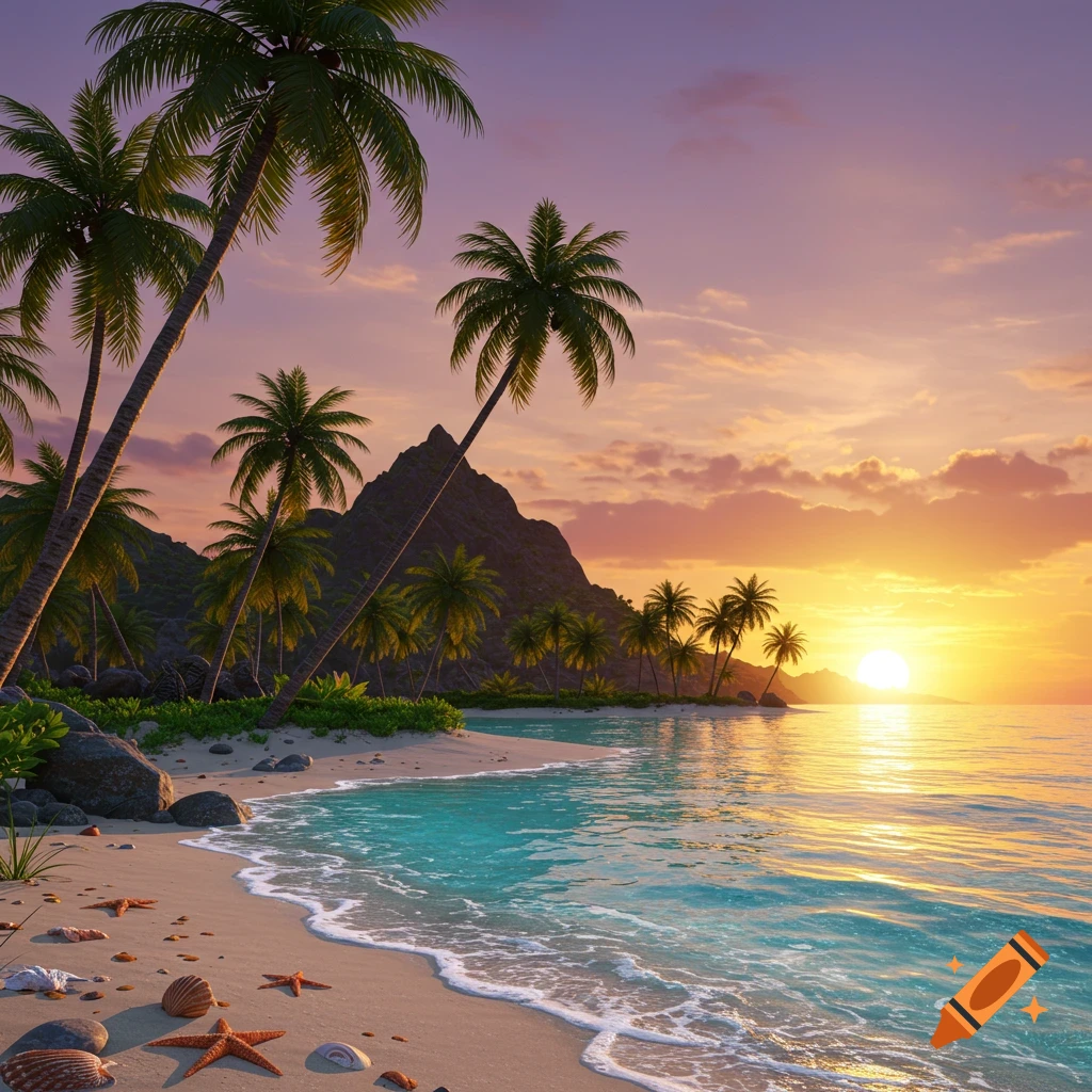 A picturesque tropical beach at sunset with palm trees, clear blue water, a sandy shore, and a distant mountain.