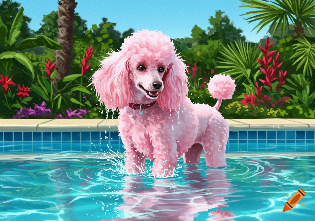 A bright pink poodle stands splashing in a blue swimming pool with tropical plants in the background. Illustration style.