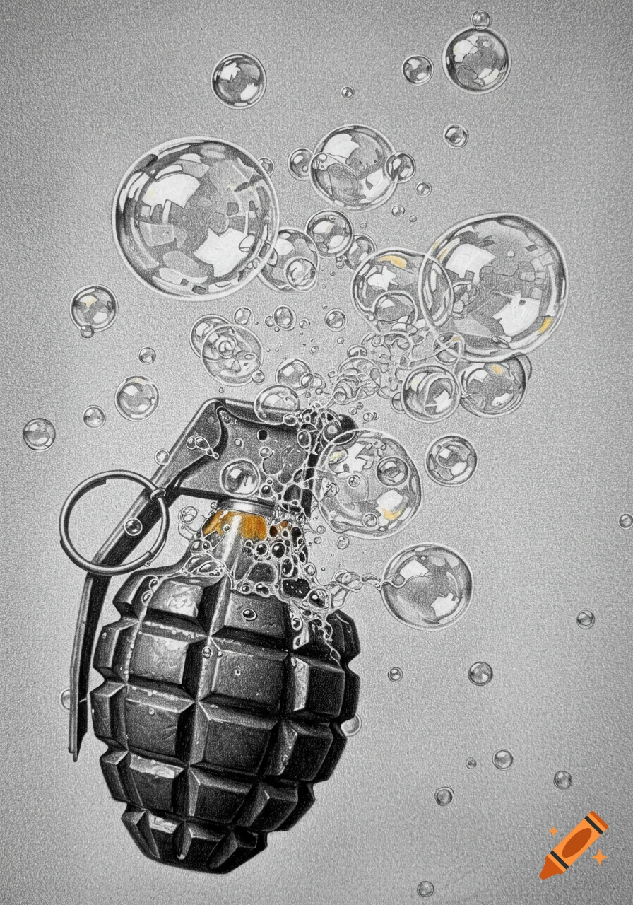 A detailed pencil drawing of a hand grenade with soap bubbles erupting from its top.