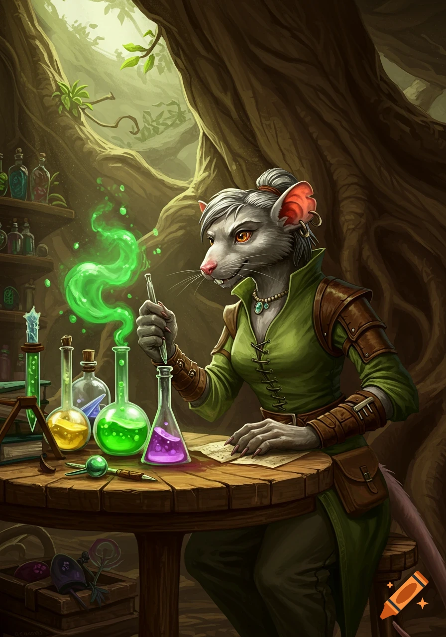 A gray rat-like alchemist in green robes sits at a wooden table in a tree, mixing bubbling green and purple potions.