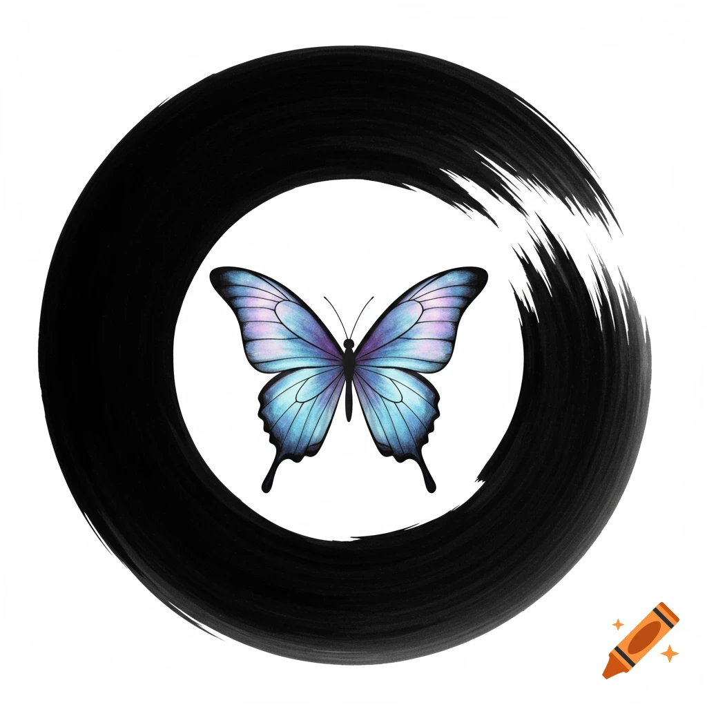 A blue and purple butterfly inside a black ink brushstroke circle on a white background.