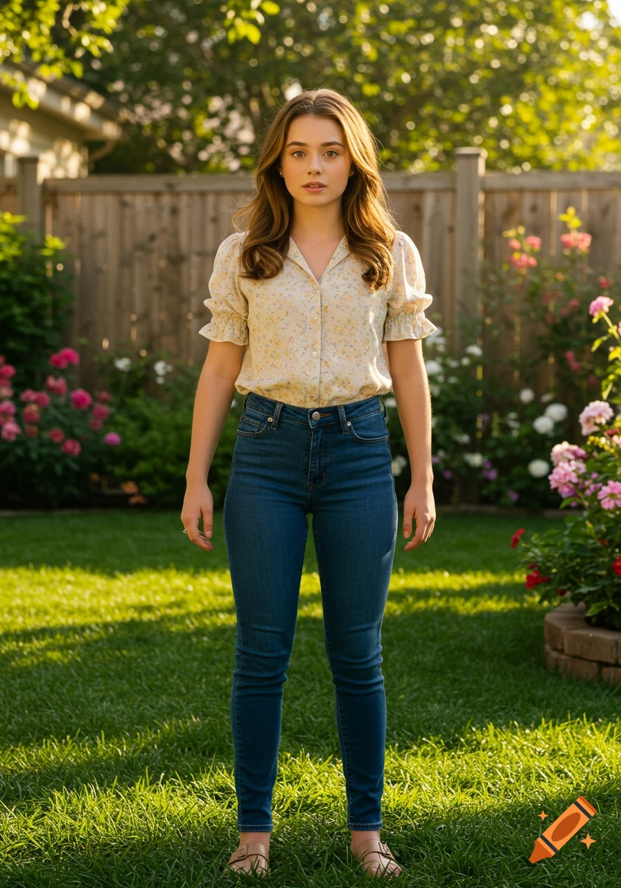 A young woman with brown hair and a floral shirt stands in a sunny backyard.