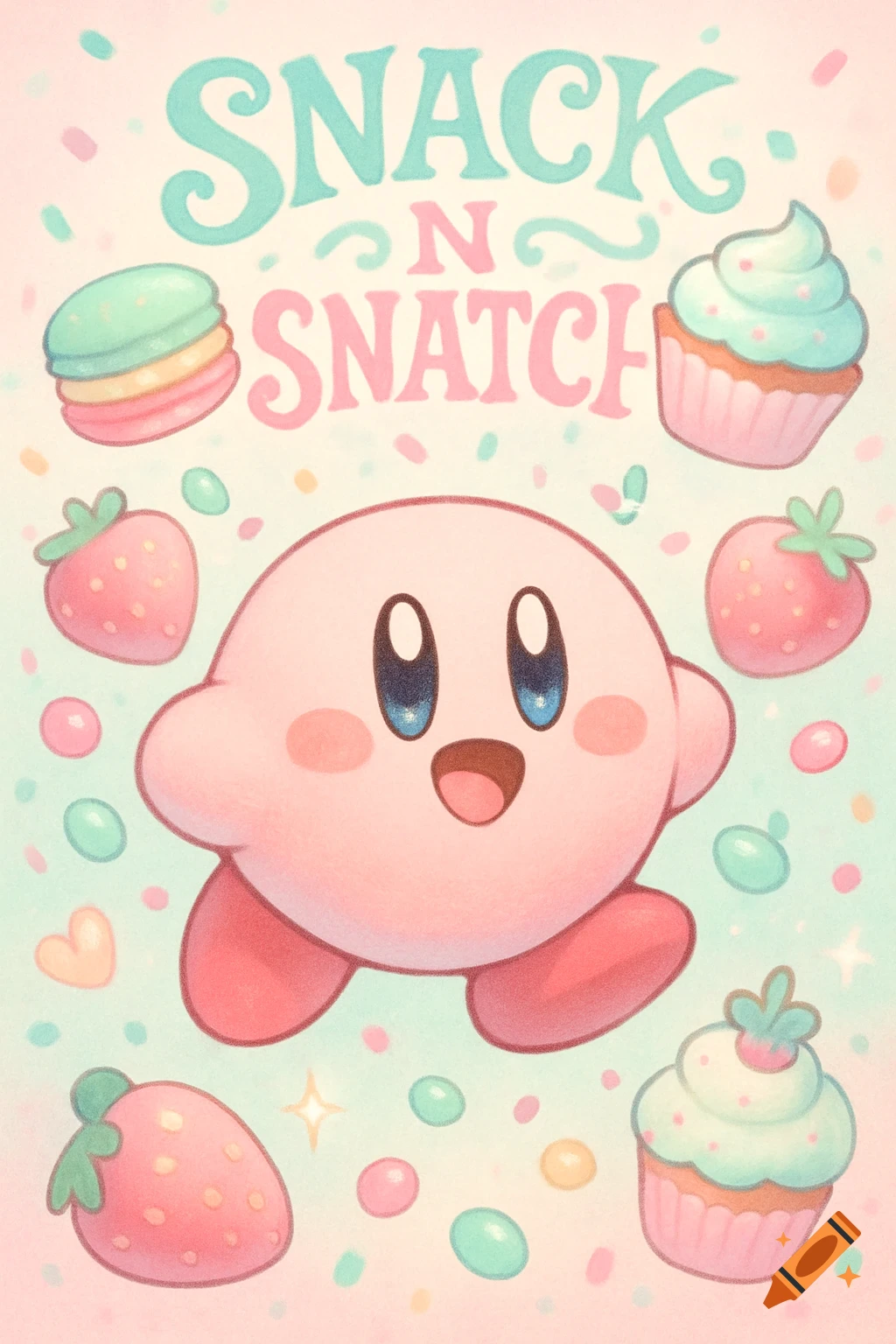 A cute, pastel illustration of Kirby surrounded by sweets and fruit with the text "SNACK N SNATCH".