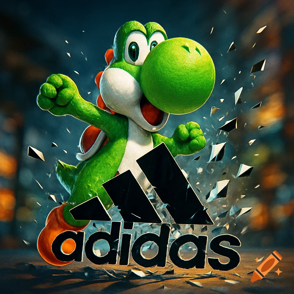 Yoshi, a green cartoon dinosaur, breaks through a shattered black Adidas logo, with debris flying around in a dark, stylized scene.