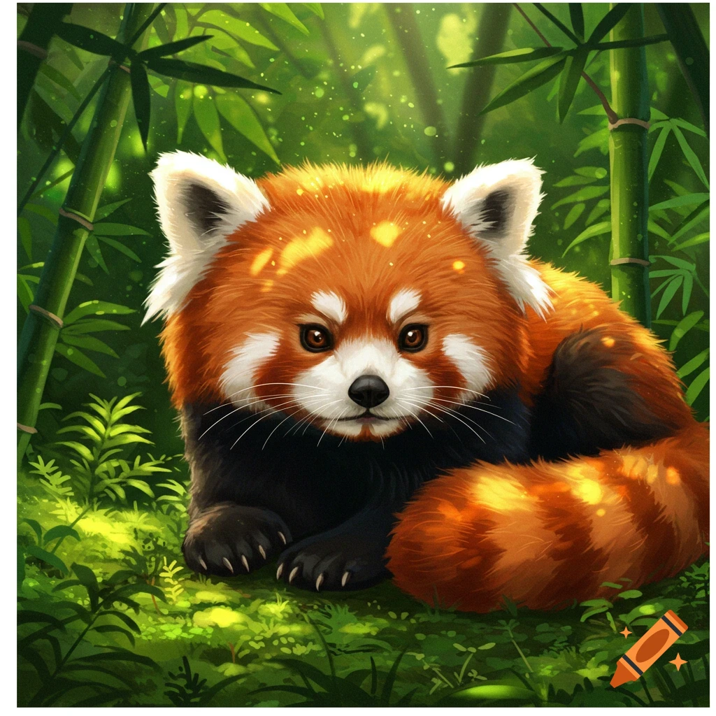 A cute red panda with glowing fur lies in a vibrant green bamboo forest, digital painting style.
