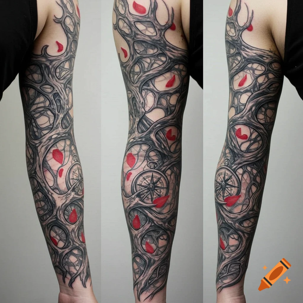 A full sleeve tattoo featuring intricate black and grey organic, neuron-like lines, red petal shapes, and compass designs on a person's arm.