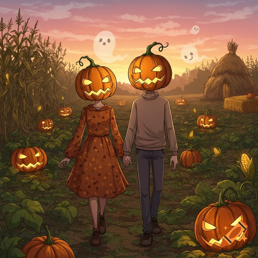 Two pumpkin-headed figures, a boy and a girl, hold hands walking through a moonlit pumpkin patch with cornfields and ghosts in a whimsical illustration.