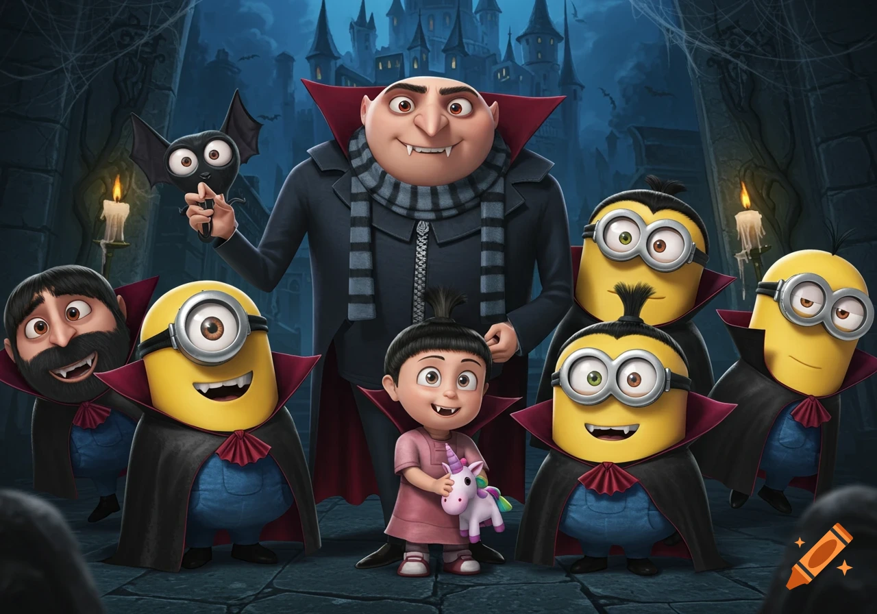 Gru, Agnes, and several Minions dressed as friendly vampires in front of a dark castle at night. Agnes holds a unicorn.