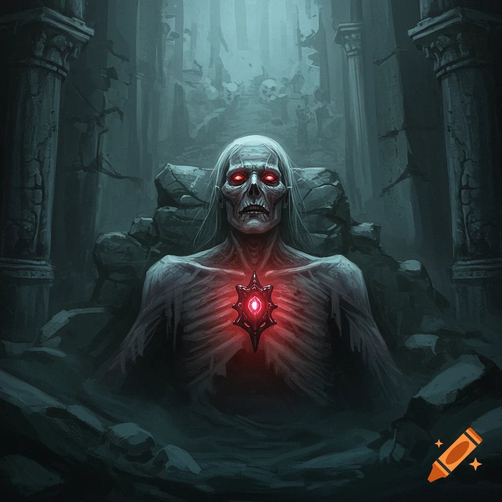 A skeletal, gaunt figure with glowing red eyes and a pulsing red artifact on its chest sits in a dark, ruined chamber.