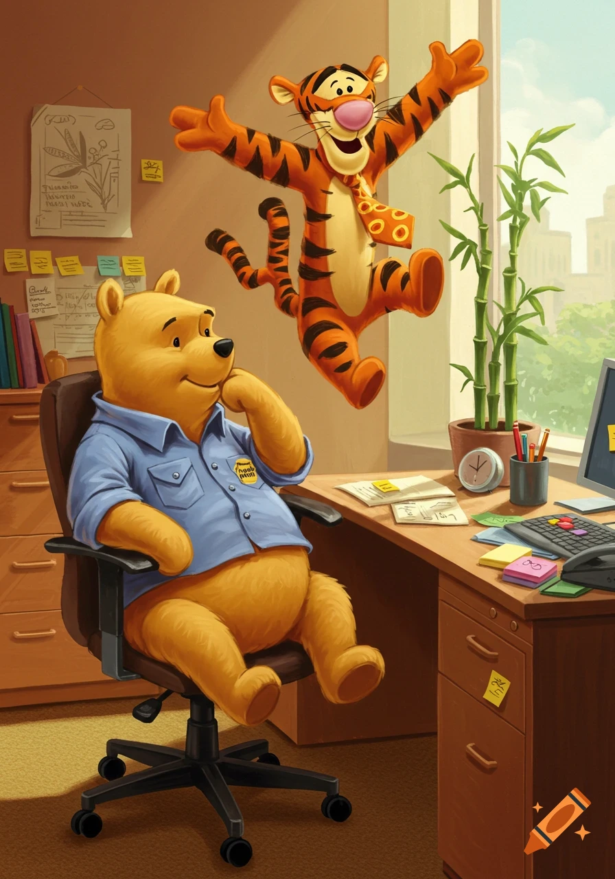 Winnie the Pooh in a blue shirt sits at an office desk, looking up at a jumping Tigger wearing a tie in an office setting.