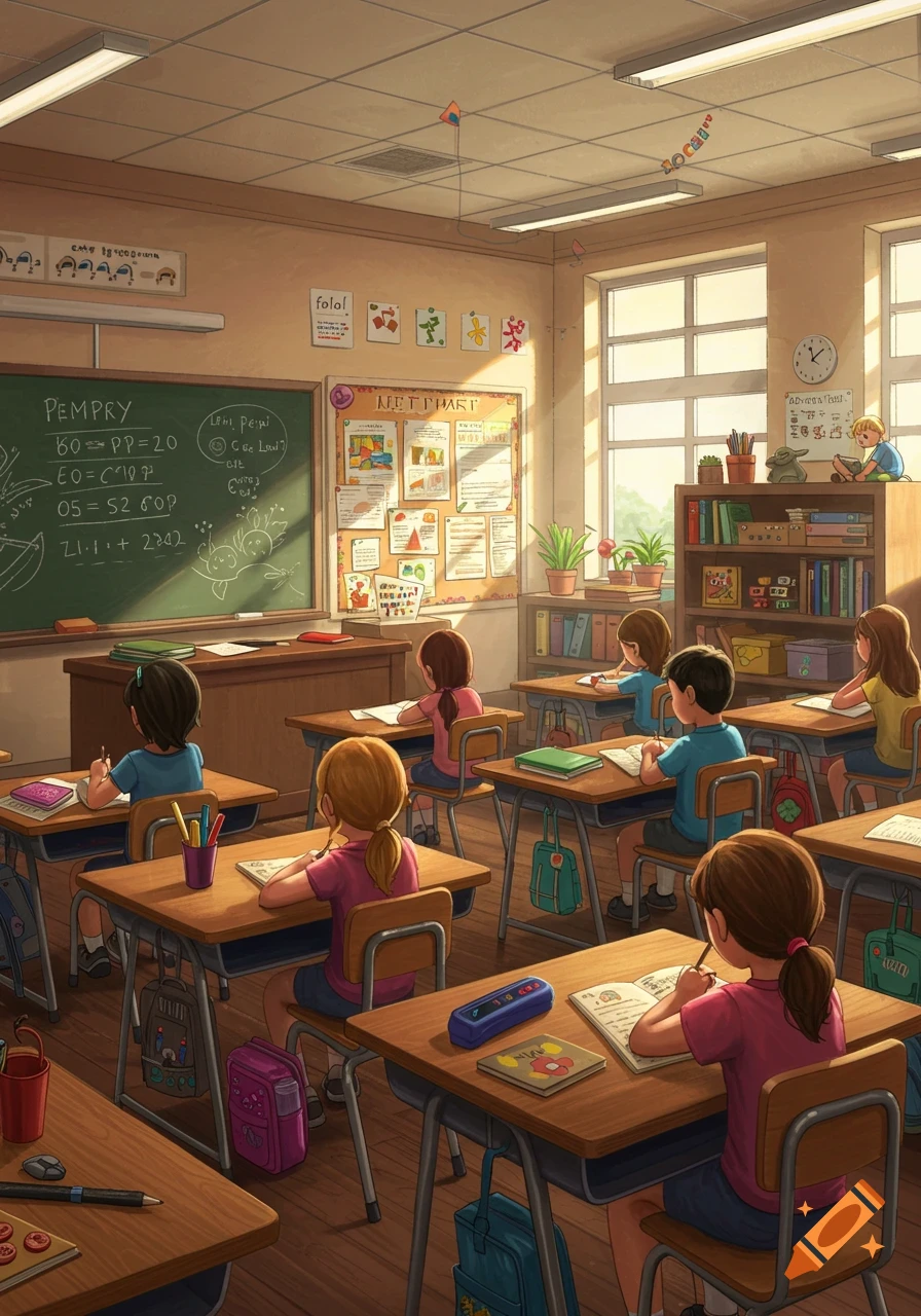 A brightly lit classroom with children seated at desks, writing in notebooks. A blackboard and bulletin board are visible in the background.