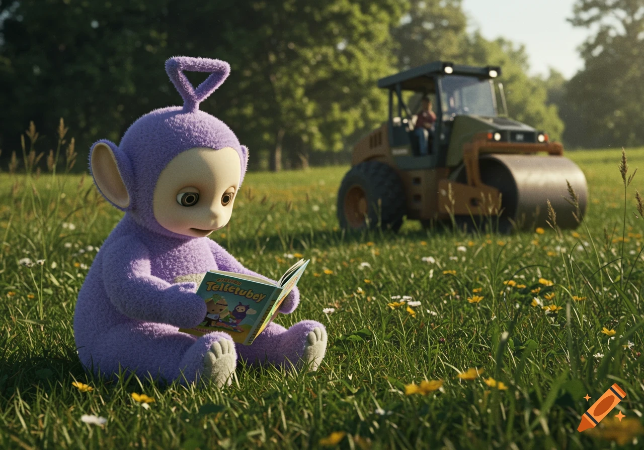 A purple Teletubby sits in a grassy field reading a book, with a large steamroller in the background.