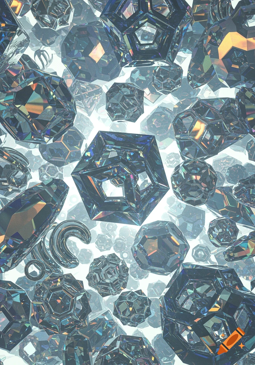 A vibrant abstract composition of many faceted, crystal-like geometric shapes reflecting light.
