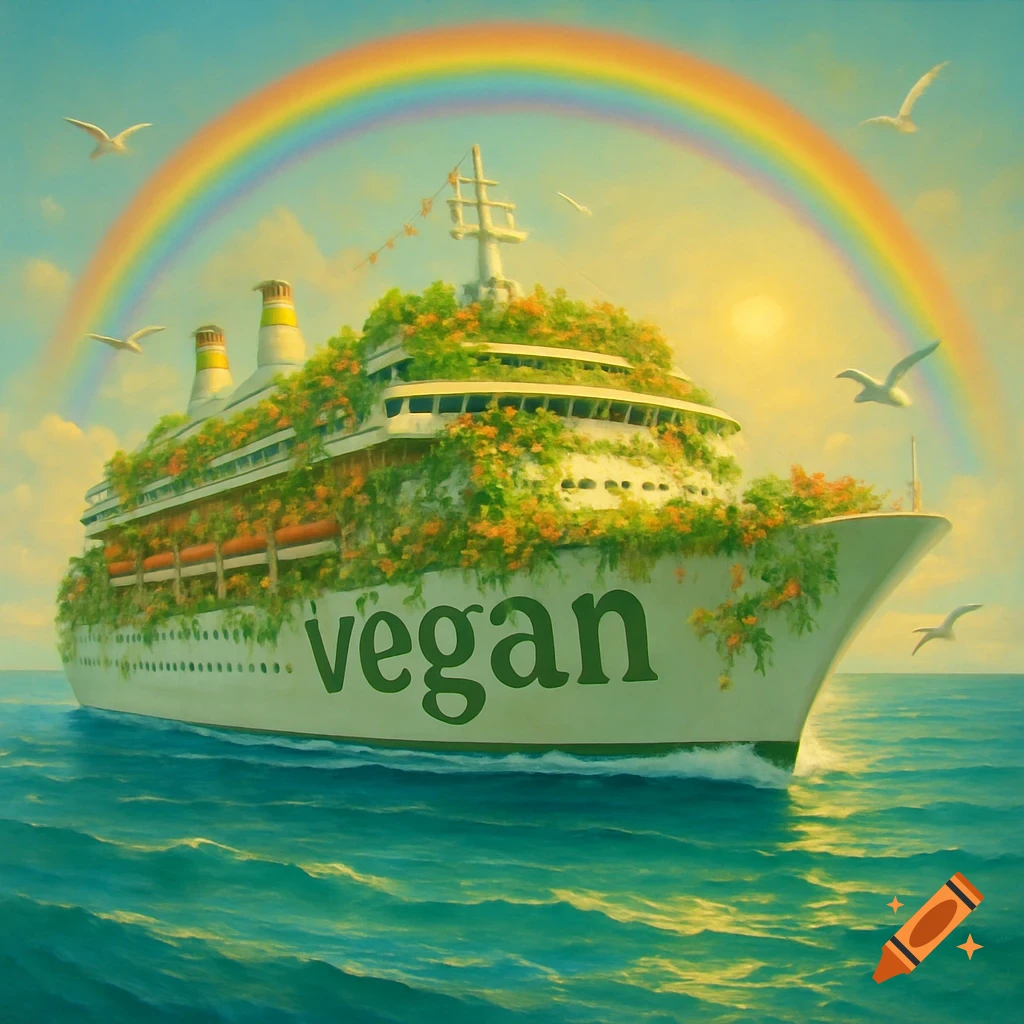 A vibrant, plant-covered cruise ship with 'vegan' written on its side sails on a blue ocean under a rainbow and sunny sky, with seagulls flying.