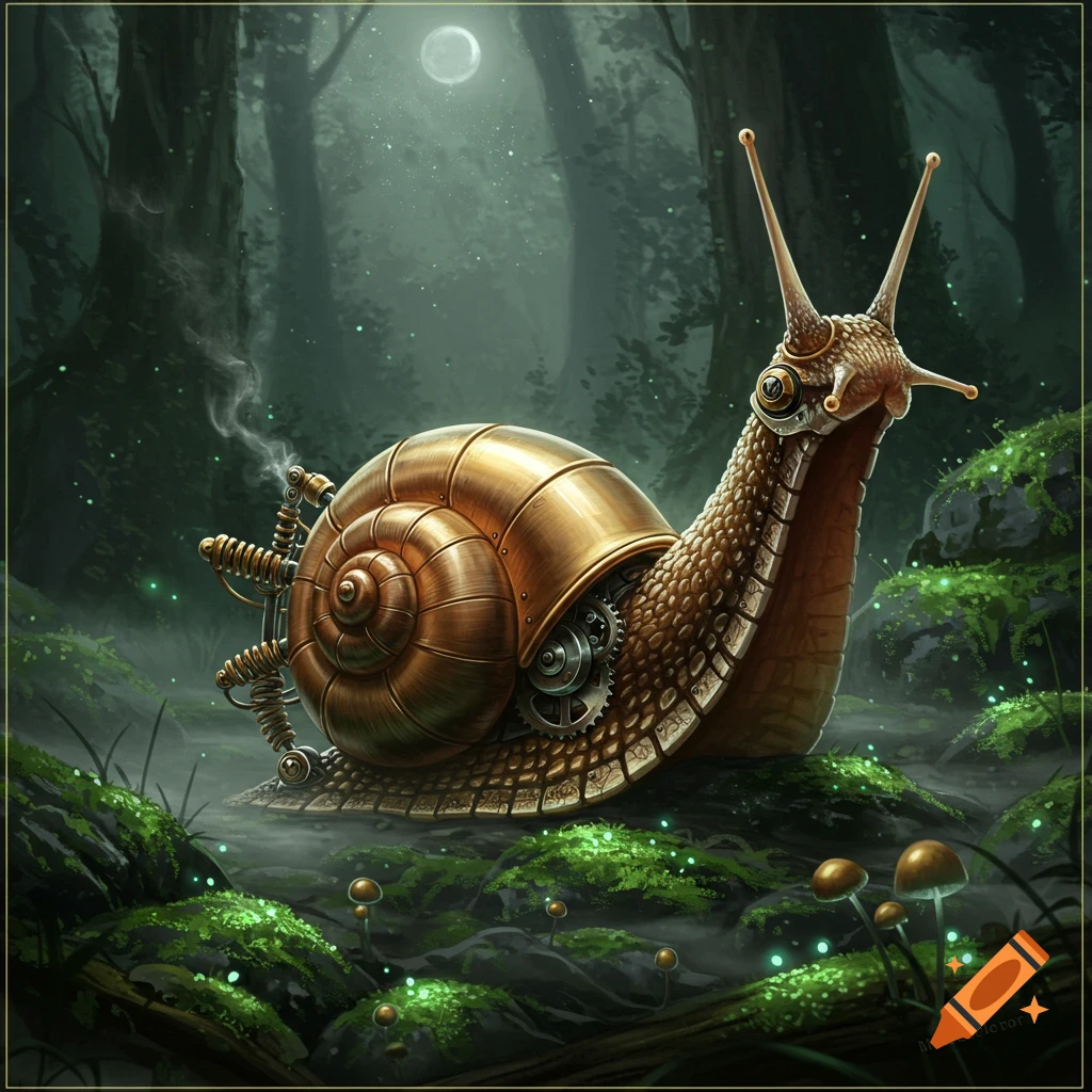 A steampunk snail with a golden shell and visible gears emits smoke, standing on mossy ground in a moonlit forest.